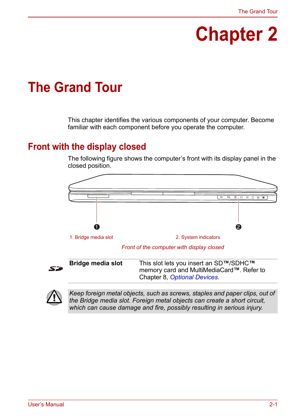 Chapter 2: the grand tour, Front with the display closed, Chapter 2 | The grand tour, Front with the display closed -1, Ter 2, The grand, Tour | Toshiba NB250 User Manual | Page 27 / 130