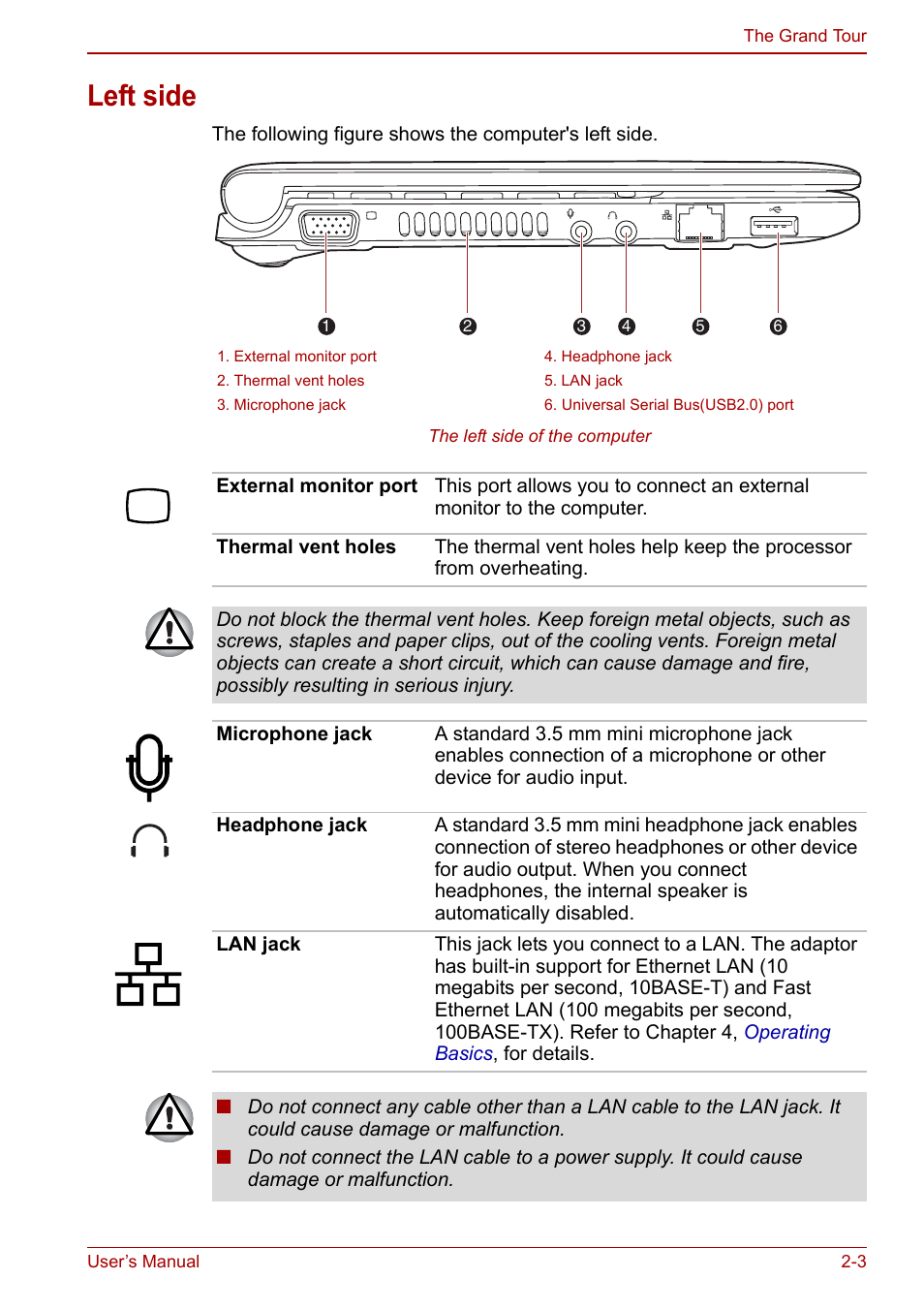 Left side, Left side -3 | Toshiba NB250 User Manual | Page 29 / 130