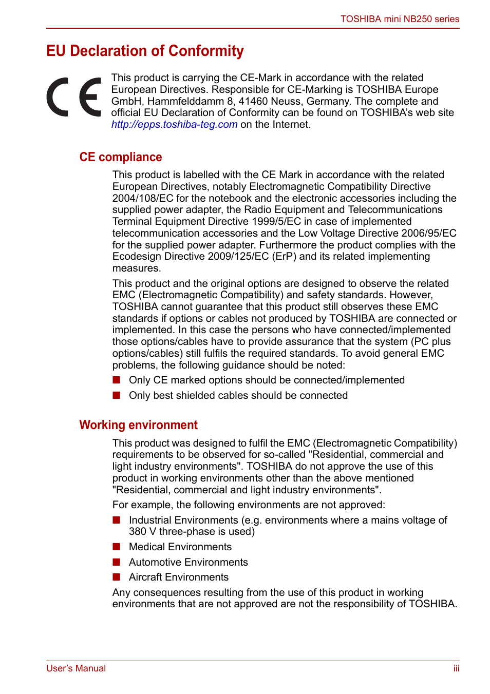 Eu declaration of conformity, Ce compliance, Working environment | Toshiba NB250 User Manual | Page 3 / 130