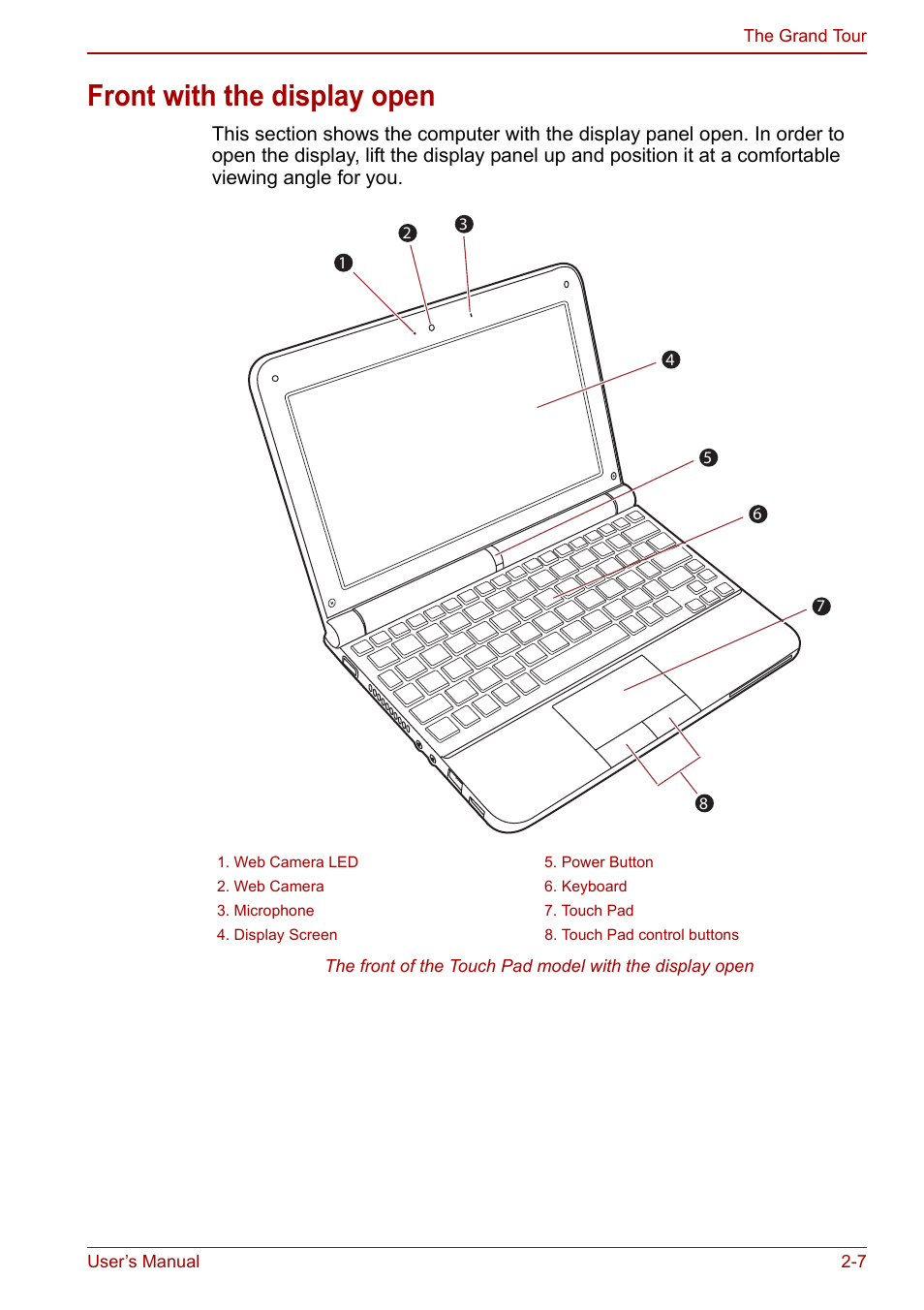 Front with the display open, Front with the display open -7 | Toshiba NB250 User Manual | Page 33 / 130