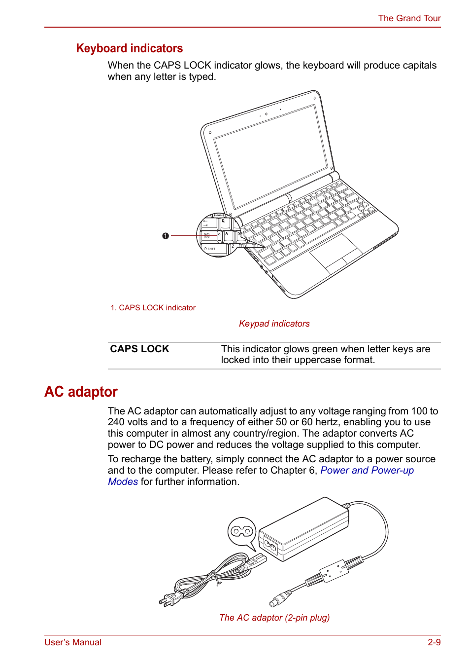 Ac adaptor, Ac adaptor -9, Keyboard indicators | Toshiba NB250 User Manual | Page 35 / 130