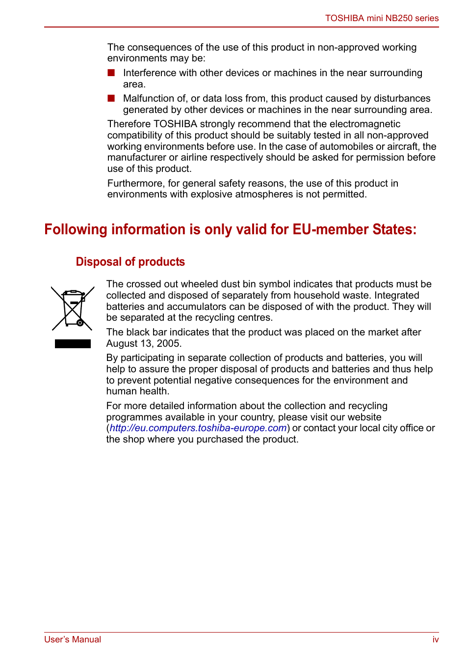 Disposal of products | Toshiba NB250 User Manual | Page 4 / 130