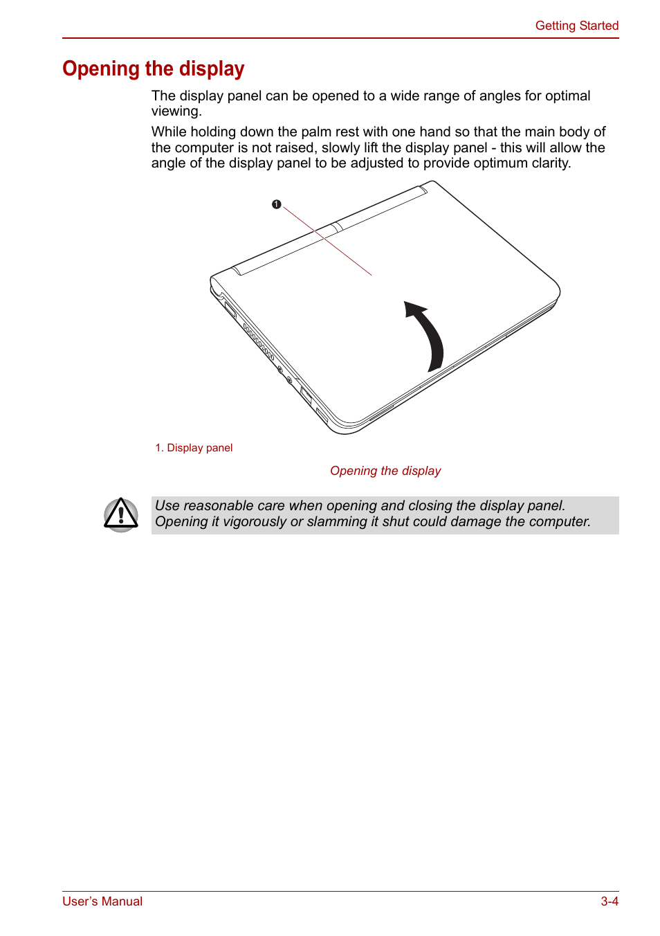 Opening the display, Opening the display -4 | Toshiba NB250 User Manual | Page 40 / 130