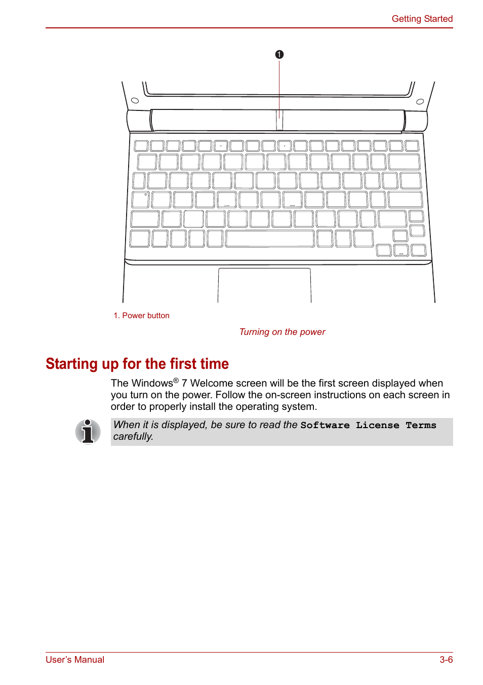 Starting up for the first time, Starting up for the first time -6, To the section | Starting, Up for the first time | Toshiba NB250 User Manual | Page 42 / 130