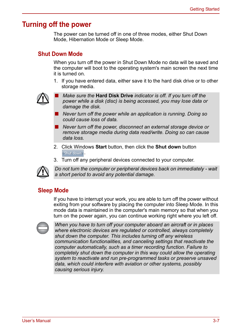 Turning off the power, Turning off the power -7, Shut down mode | Sleep mode | Toshiba NB250 User Manual | Page 43 / 130