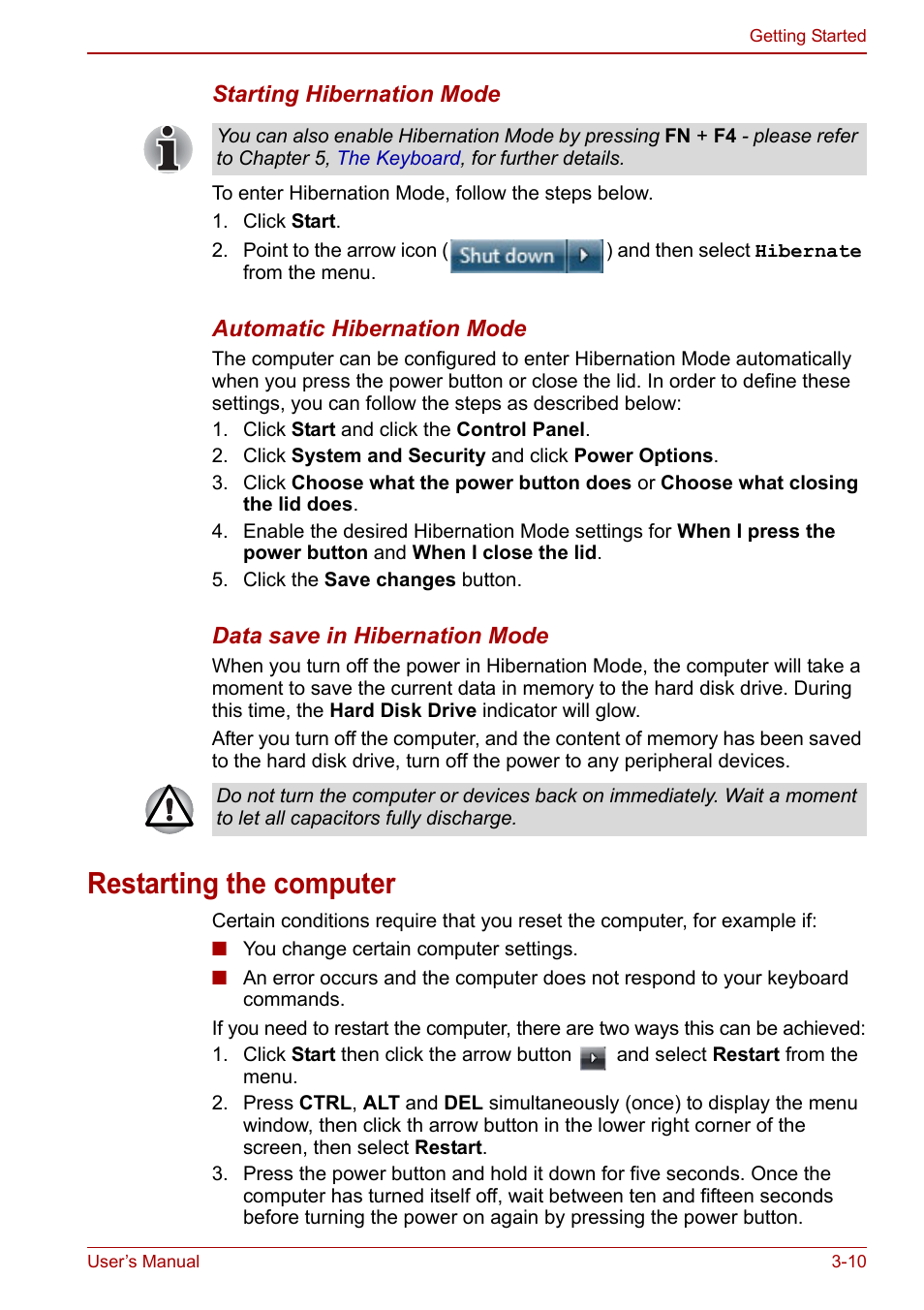 Restarting the computer, Restarting the computer -10 | Toshiba NB250 User Manual | Page 46 / 130