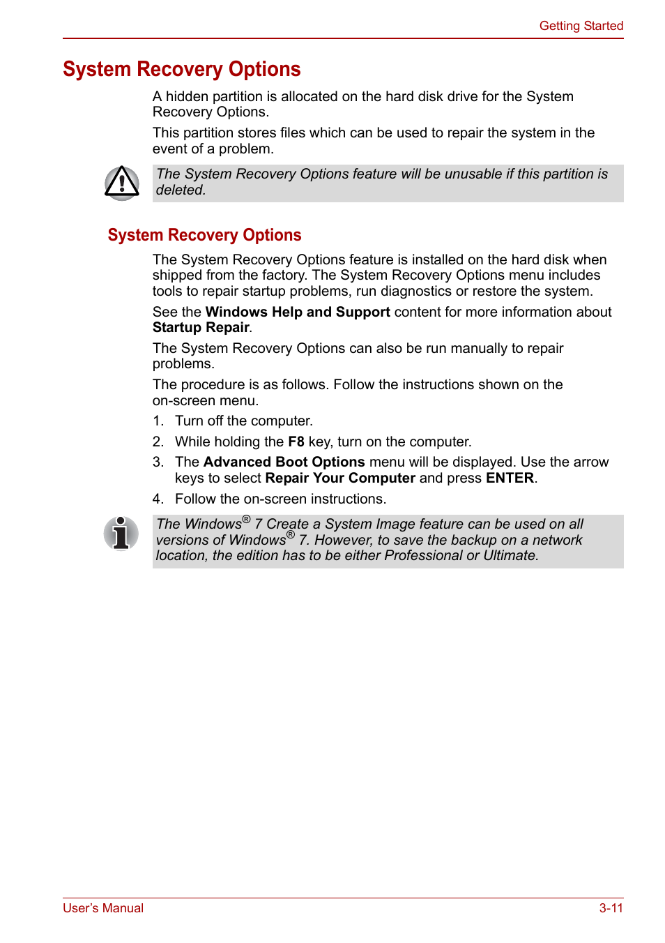 System recovery options, System recovery options -11 | Toshiba NB250 User Manual | Page 47 / 130