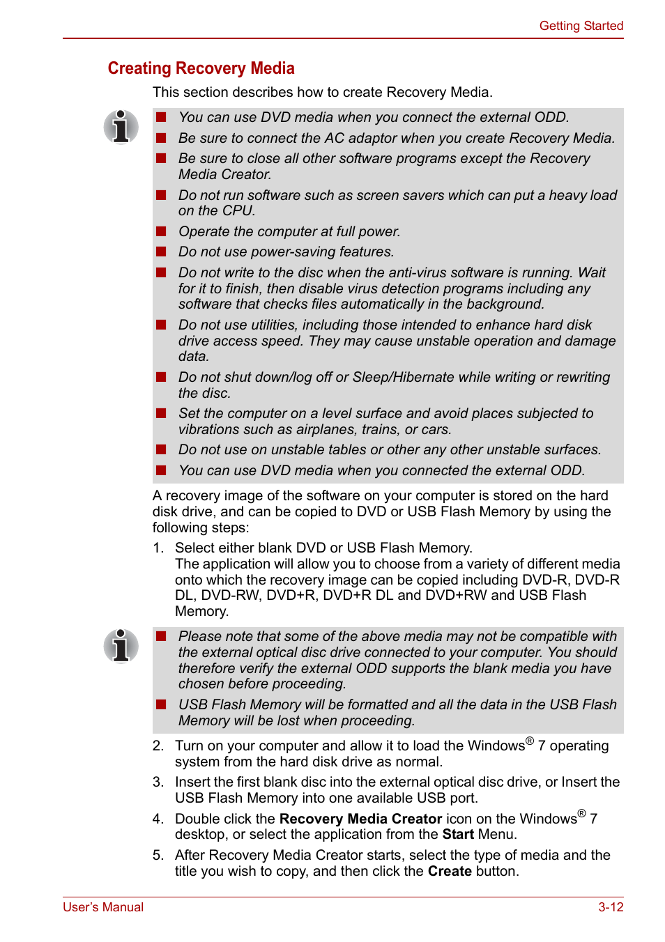 Creating recovery media | Toshiba NB250 User Manual | Page 48 / 130