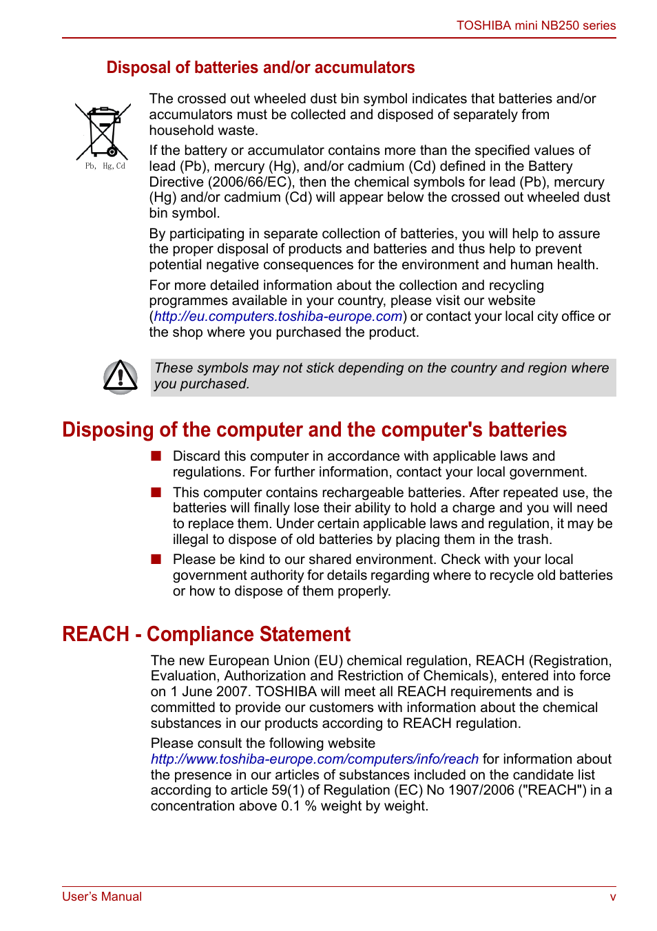 Reach - compliance statement, Disposal of batteries and/or accumulators | Toshiba NB250 User Manual | Page 5 / 130