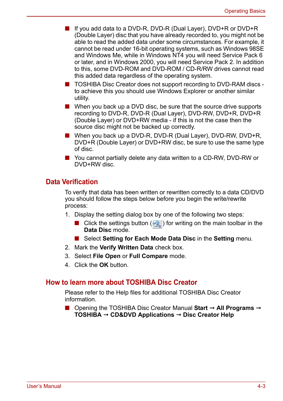 Data verification, How to learn more about toshiba disc creator | Toshiba NB250 User Manual | Page 53 / 130
