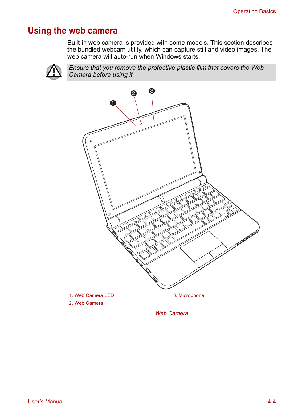 Using the web camera, Using the web camera -4 | Toshiba NB250 User Manual | Page 54 / 130