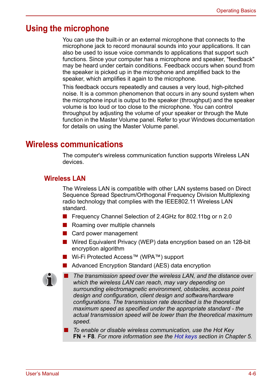 Using the microphone, Wireless communications, Using the microphone -6 wireless communications -6 | Wireless lan | Toshiba NB250 User Manual | Page 56 / 130