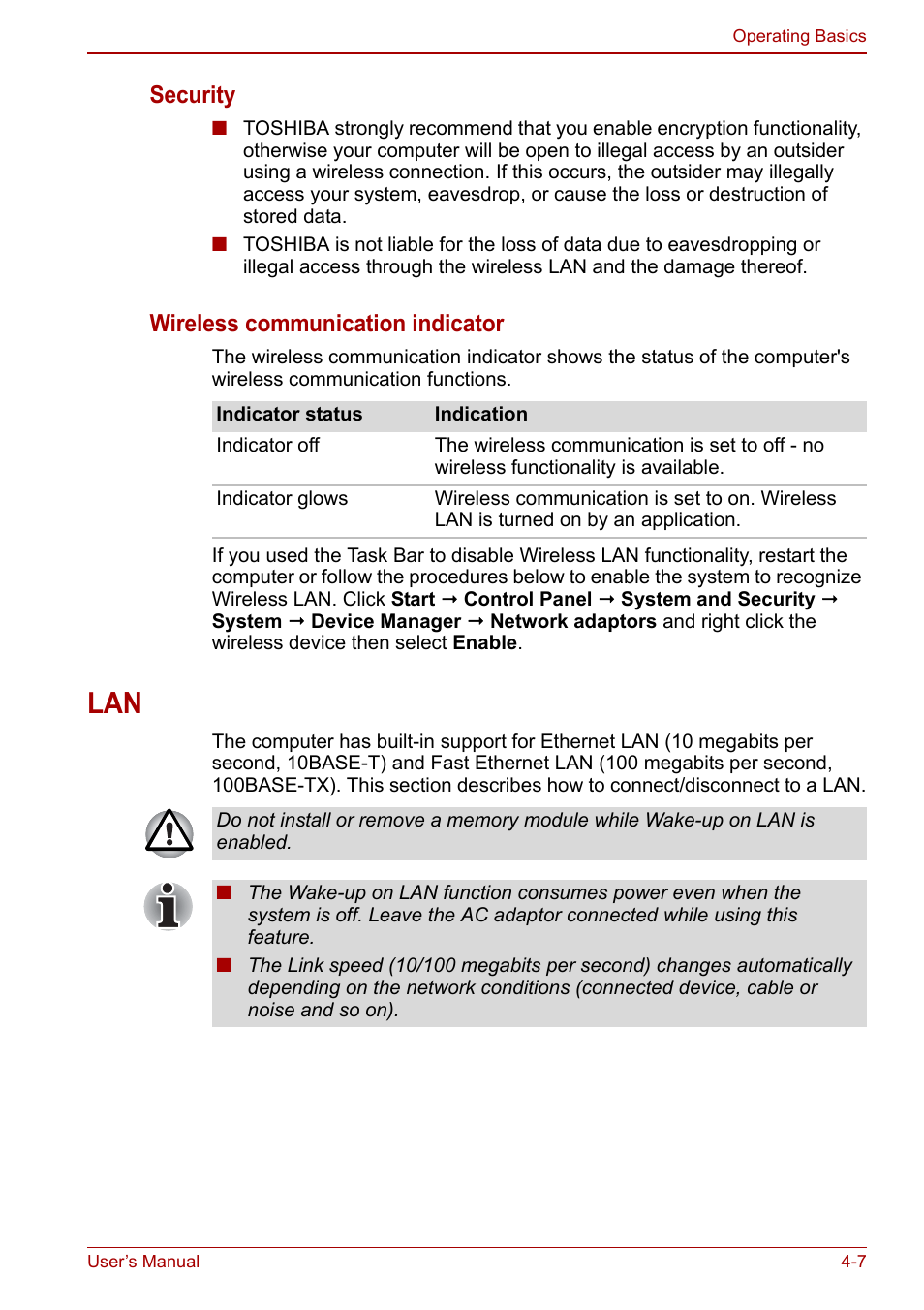 Lan -7, Security, Wireless communication indicator | Toshiba NB250 User Manual | Page 57 / 130