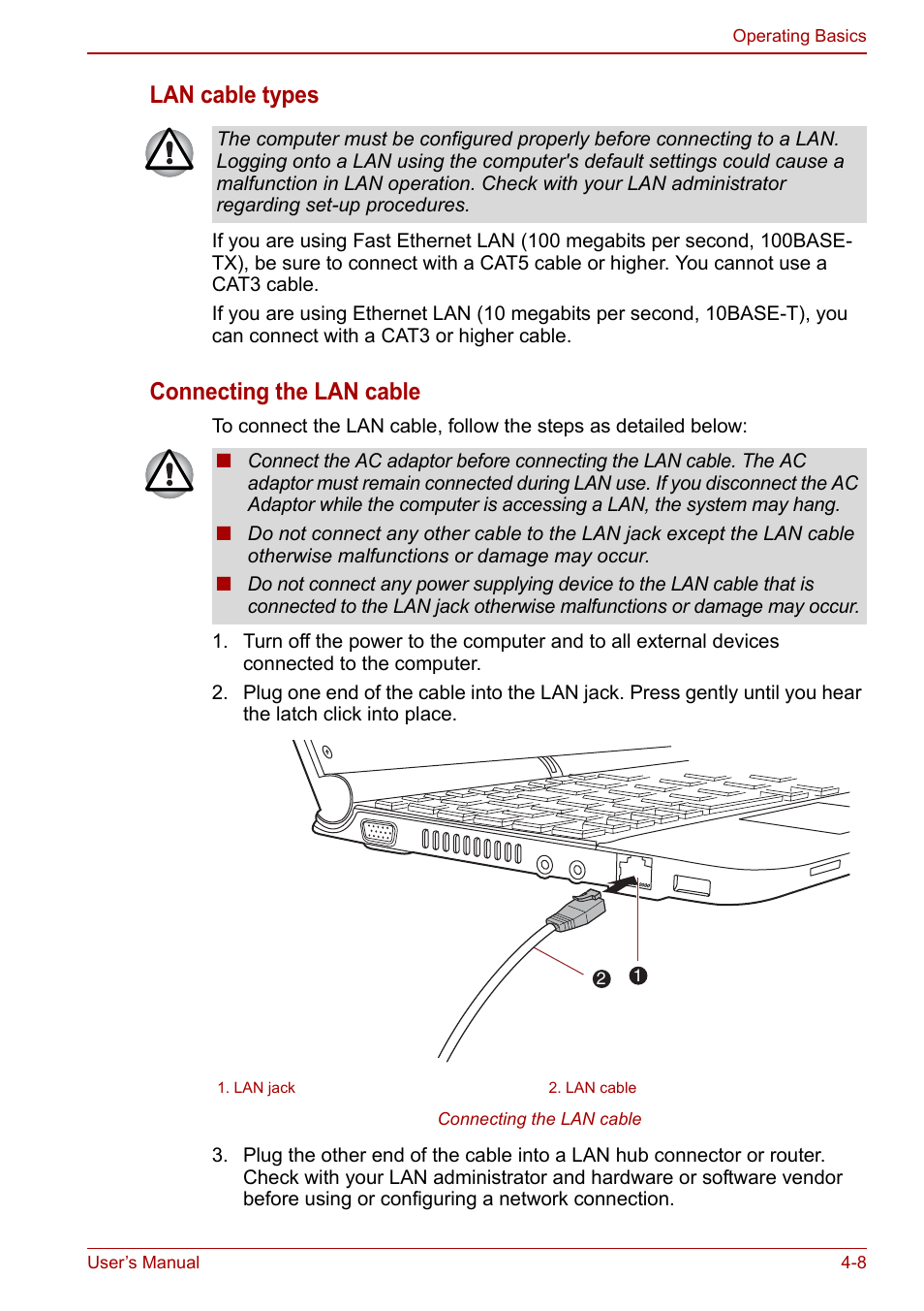 Lan cable types, Connecting the lan cable | Toshiba NB250 User Manual | Page 58 / 130