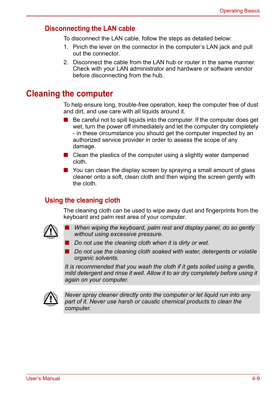 Cleaning the computer, Cleaning the computer -9, Disconnecting the lan cable | Using the cleaning cloth | Toshiba NB250 User Manual | Page 59 / 130