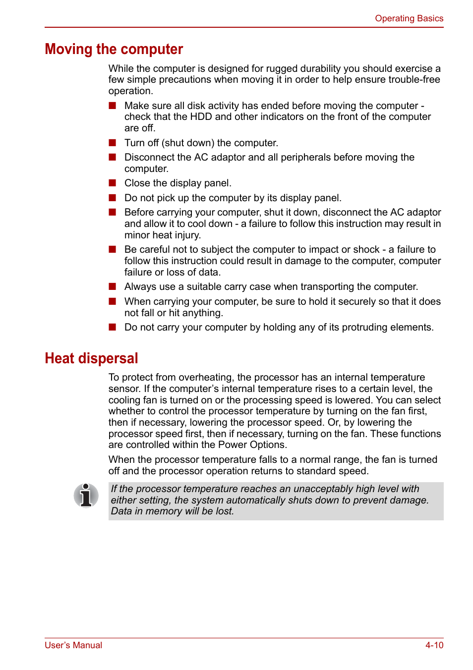 Moving the computer, Heat dispersal, Moving the computer -10 heat dispersal -10 | Toshiba NB250 User Manual | Page 60 / 130