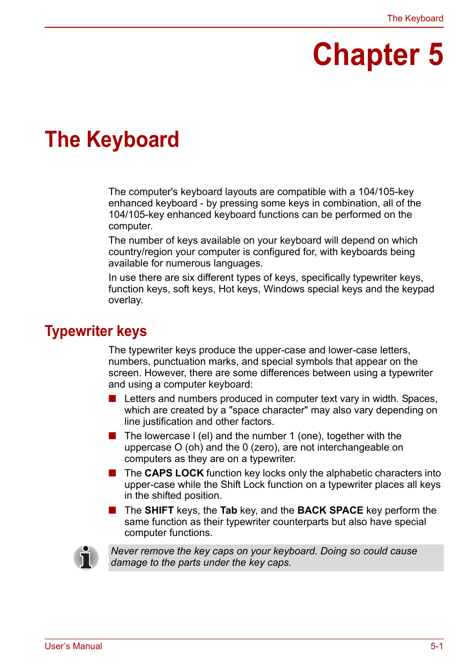 Chapter 5: the keyboard, Typewriter keys, Chapter 5 | The keyboard, Typewriter keys -1, Apter 5, Keyboard | Toshiba NB250 User Manual | Page 61 / 130