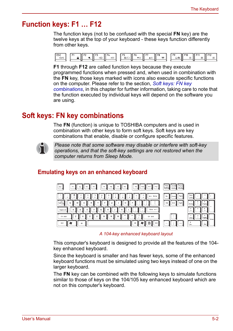 Function keys: f1 … f12, Soft keys: fn key combinations, Emulating keys on an enhanced keyboard | Toshiba NB250 User Manual | Page 62 / 130