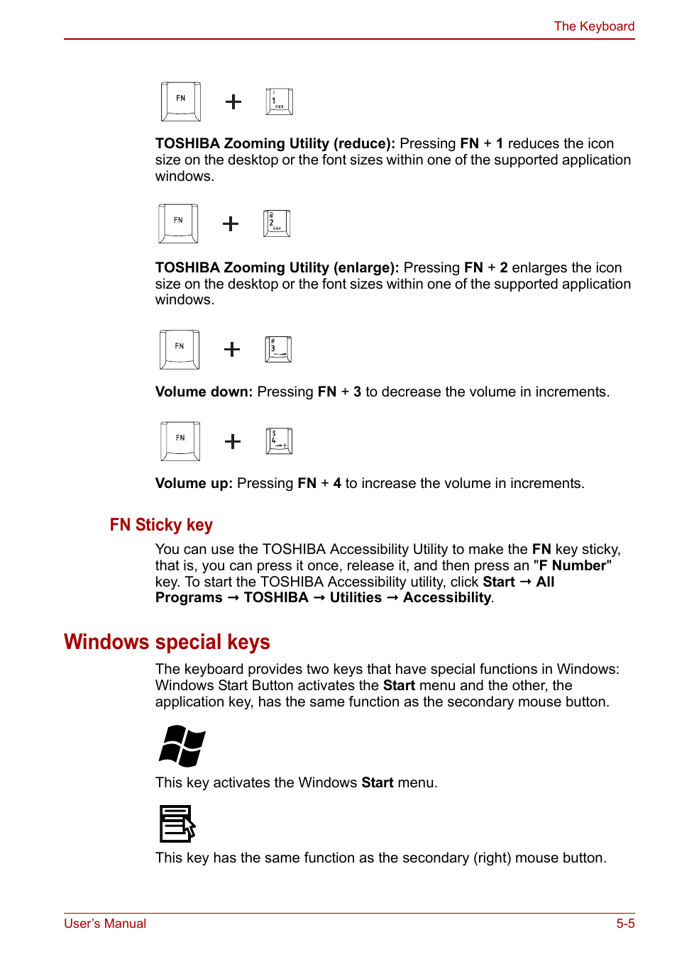 Windows special keys, Windows special keys -5, Fn sticky key | Toshiba NB250 User Manual | Page 65 / 130