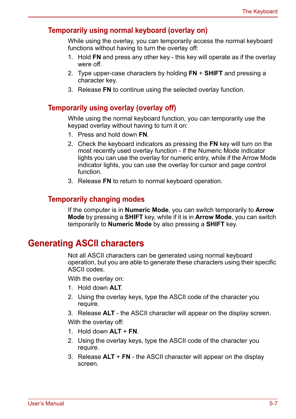 Generating ascii characters, Generating ascii characters -7, Temporarily using normal keyboard (overlay on) | Temporarily using overlay (overlay off), Temporarily changing modes | Toshiba NB250 User Manual | Page 67 / 130
