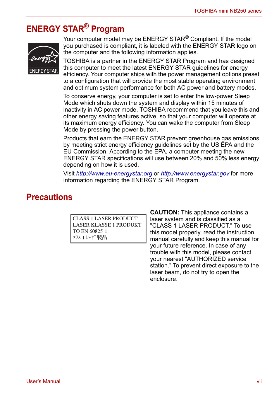 Energy star, Program precautions | Toshiba NB250 User Manual | Page 7 / 130