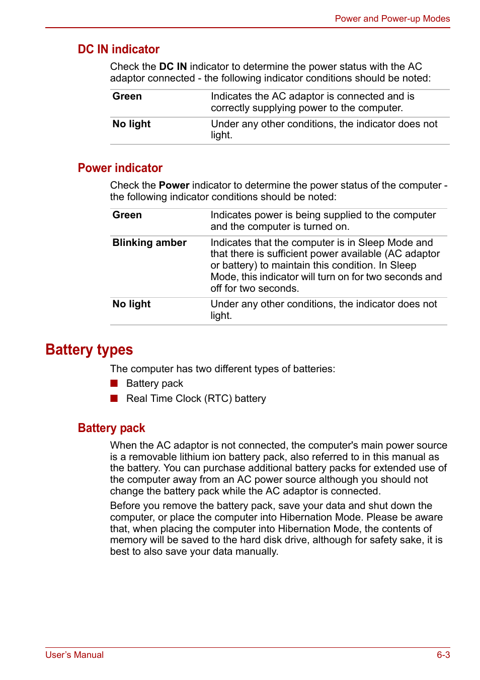 Battery types, Battery types -3, Dc in indicator | Power indicator, Battery pack | Toshiba NB250 User Manual | Page 70 / 130