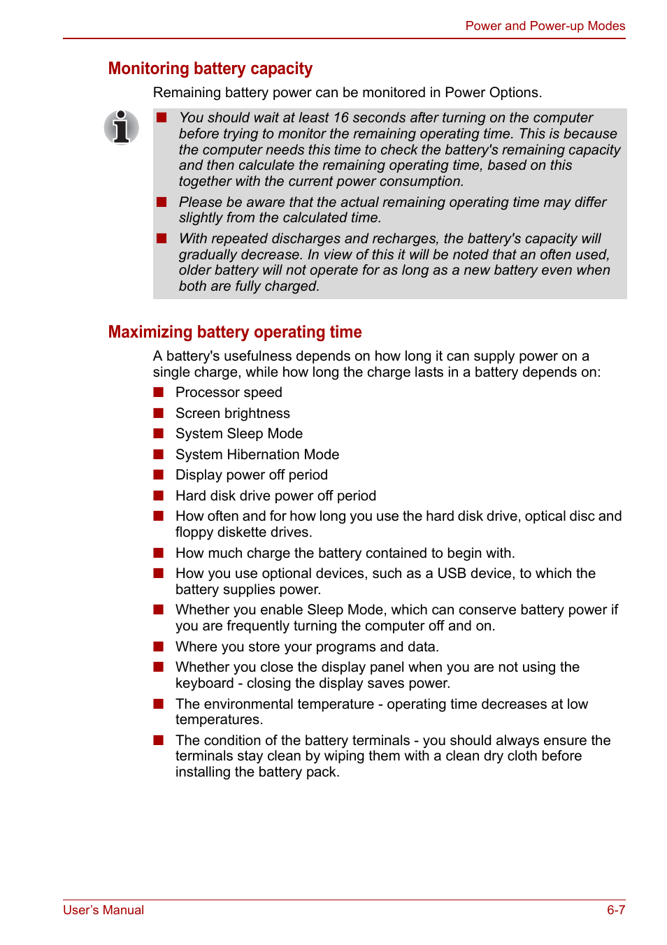 Monitoring battery capacity, Maximizing battery operating time | Toshiba NB250 User Manual | Page 74 / 130