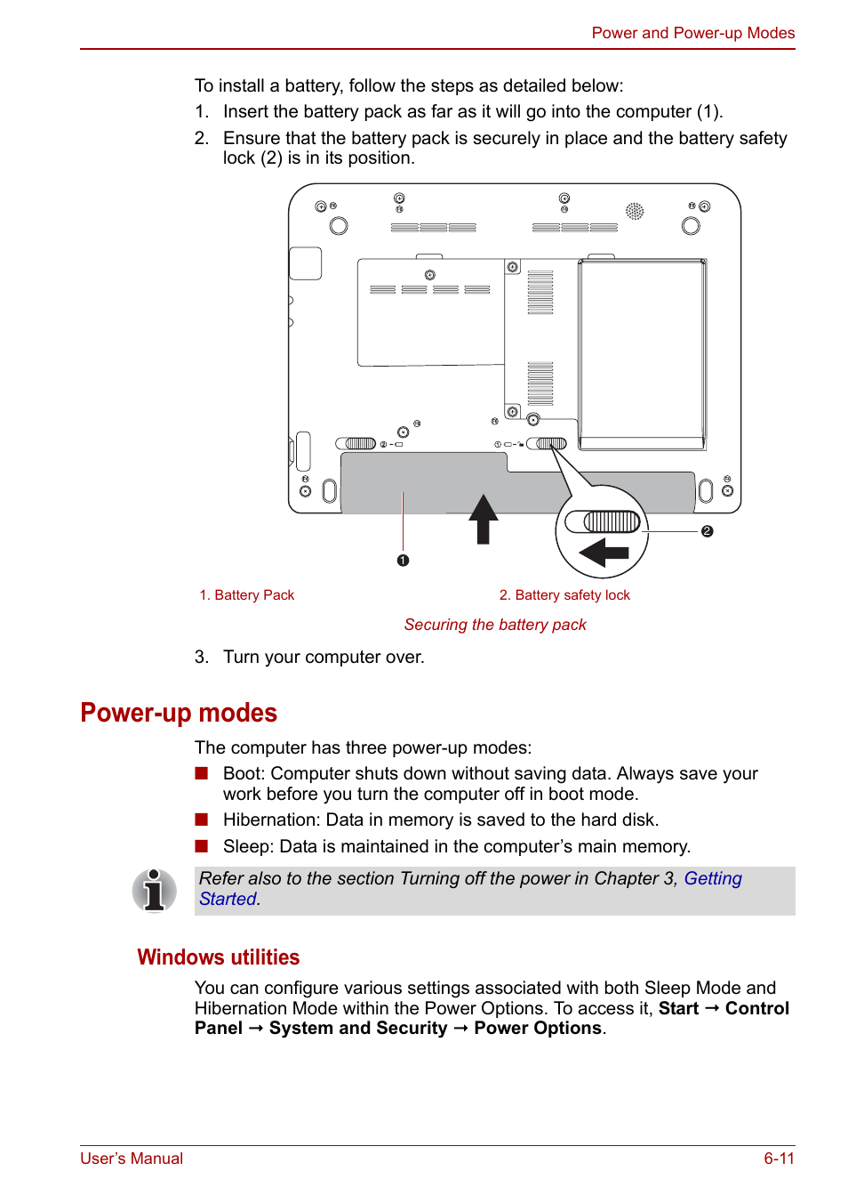Power-up modes, Power-up modes -11, Windows utilities | Toshiba NB250 User Manual | Page 78 / 130