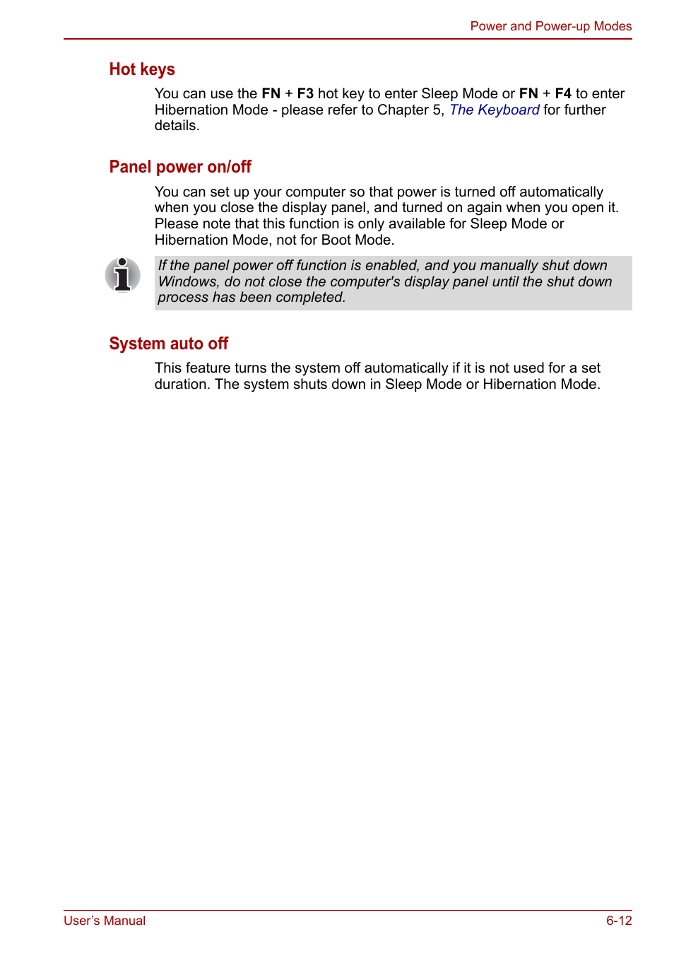 Hot keys, Panel power on/off, System auto off | Toshiba NB250 User Manual | Page 79 / 130