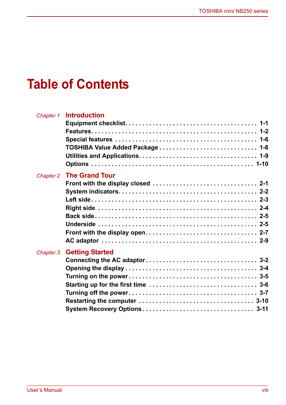 Toshiba NB250 User Manual | Page 8 / 130