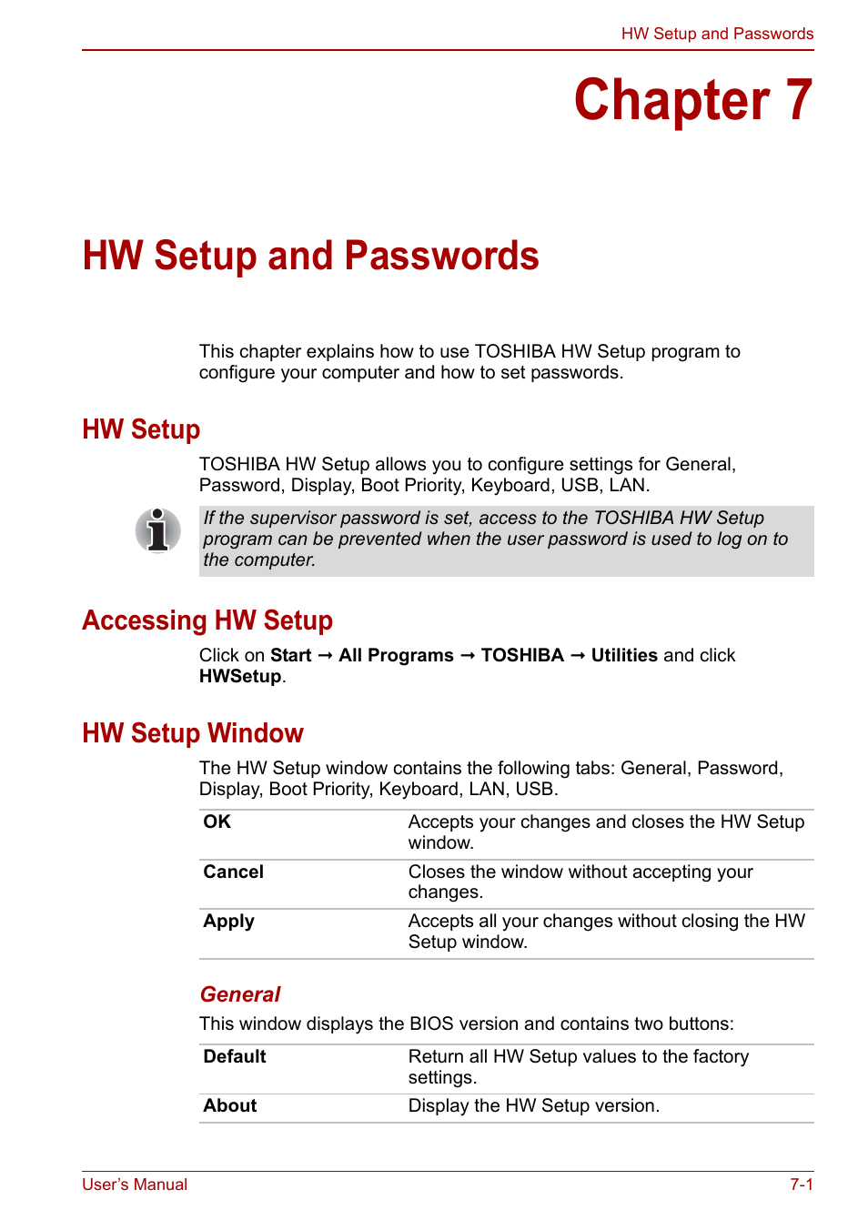 Chapter 7: hw setup and passwords, Hw setup, Accessing hw setup | Hw setup window, Chapter 7, Hw setup and passwords, Hw setup and, Passwords, If you are goi, Ter 7 | Toshiba NB250 User Manual | Page 80 / 130