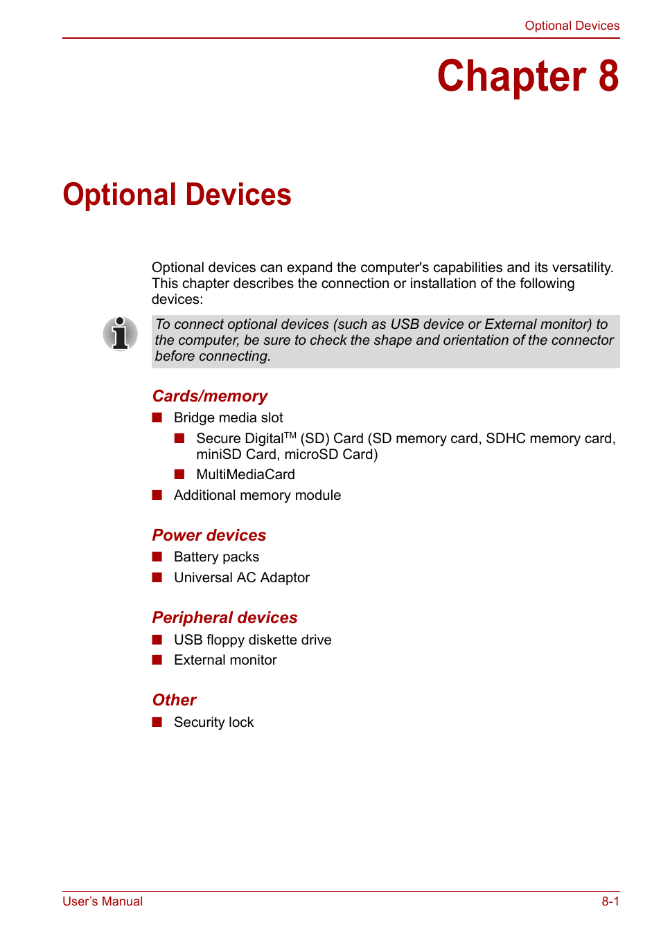 Chapter 8: optional devices, Chapter 8, Optional devices | Apter 8, Ter 8 | Toshiba NB250 User Manual | Page 84 / 130