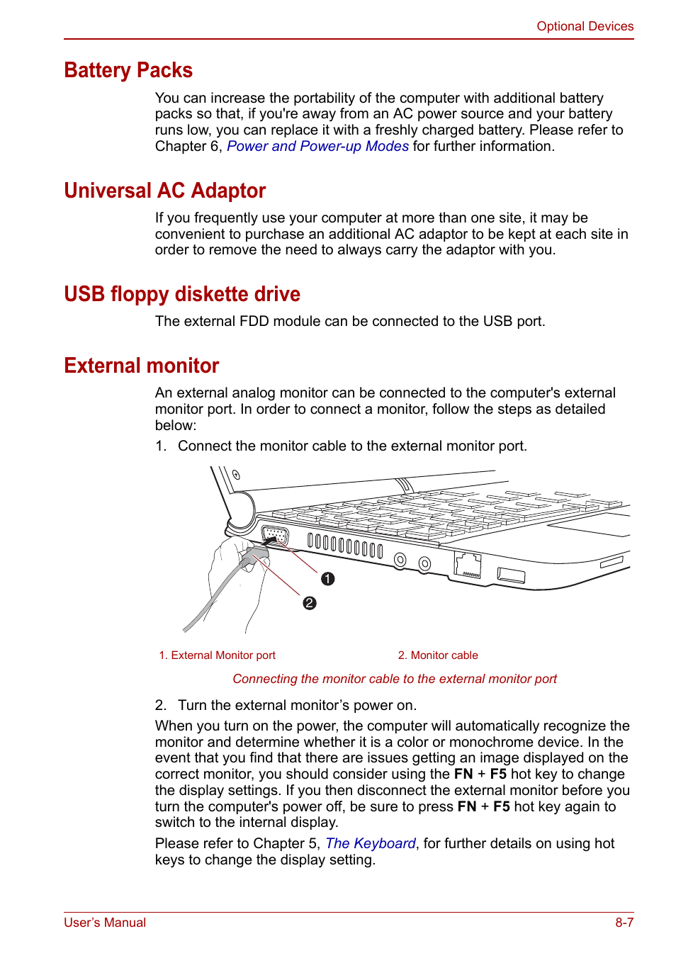 Battery packs, Universal ac adaptor, Usb floppy diskette drive | External monitor | Toshiba NB250 User Manual | Page 90 / 130