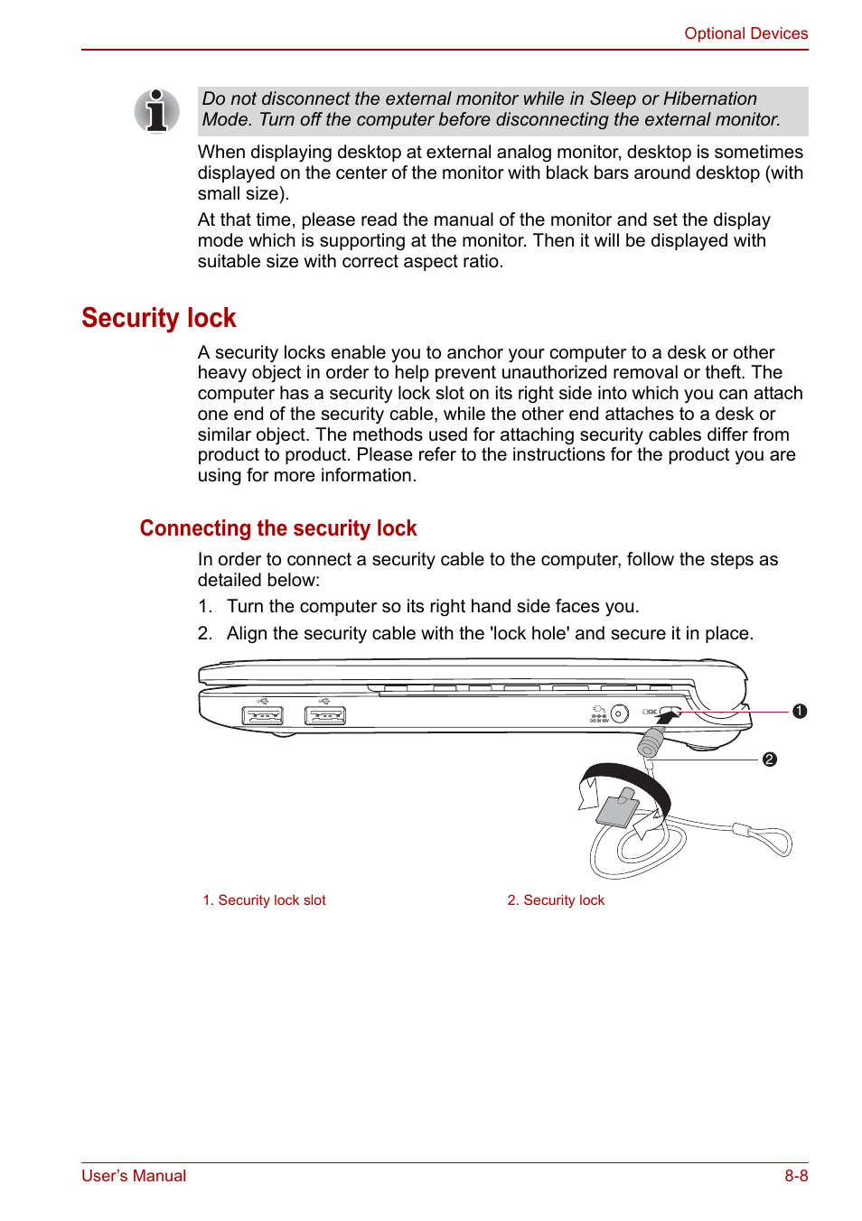 Security lock, Security lock -8, Connecting the security lock | Toshiba NB250 User Manual | Page 91 / 130