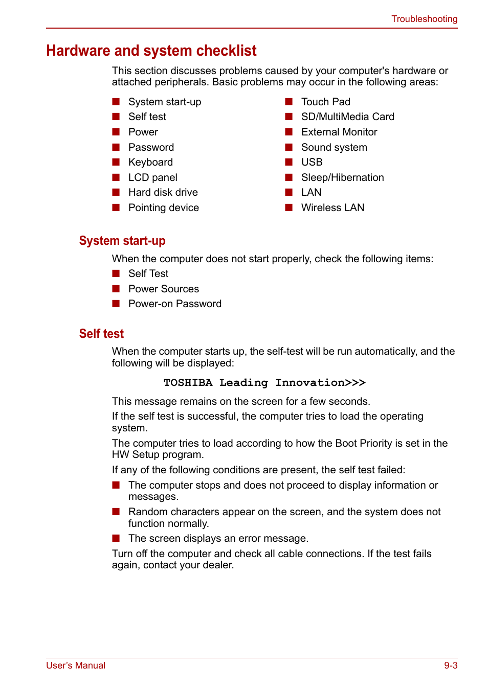 Hardware and system checklist, Hardware and system checklist -3, System start-up | Self test | Toshiba NB250 User Manual | Page 94 / 130