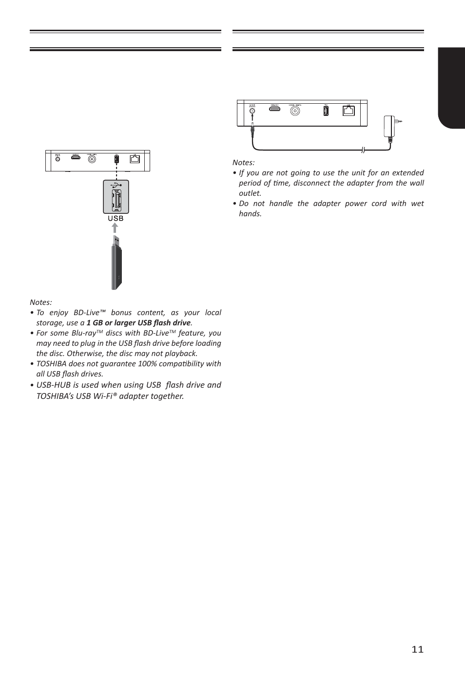 English 11, Connecting usb device using ac adapter | Toshiba BDX6400 User Manual | Page 11 / 60