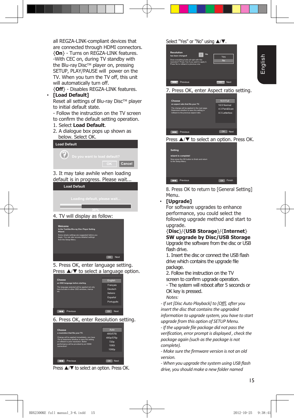 15 english, Disc, Tv will display as follow | Press ok, enter resolution setting, Press ok, enter aspect ratio setting, Press / to select an option. press ok | Toshiba BDX2300 User Manual | Page 15 / 41