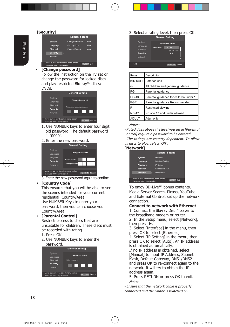 18 english, Security, Discs/ dvds | Enter the new password again to confirm, Select a rating level, then press ok | Toshiba BDX2300 User Manual | Page 18 / 41