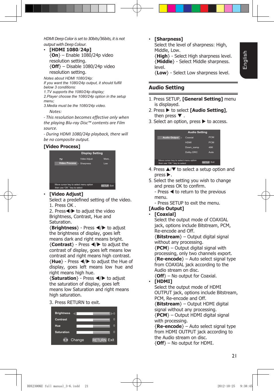 21 english, Audio setting | Toshiba BDX2300 User Manual | Page 21 / 41