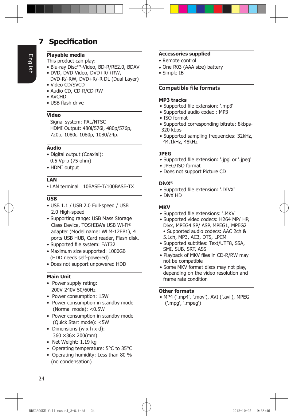 7specification, Compatible file formats | Toshiba BDX2300 User Manual | Page 24 / 41