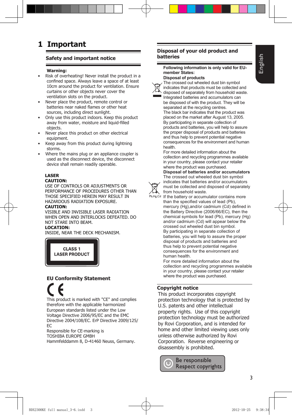 1important | Toshiba BDX2300 User Manual | Page 3 / 41