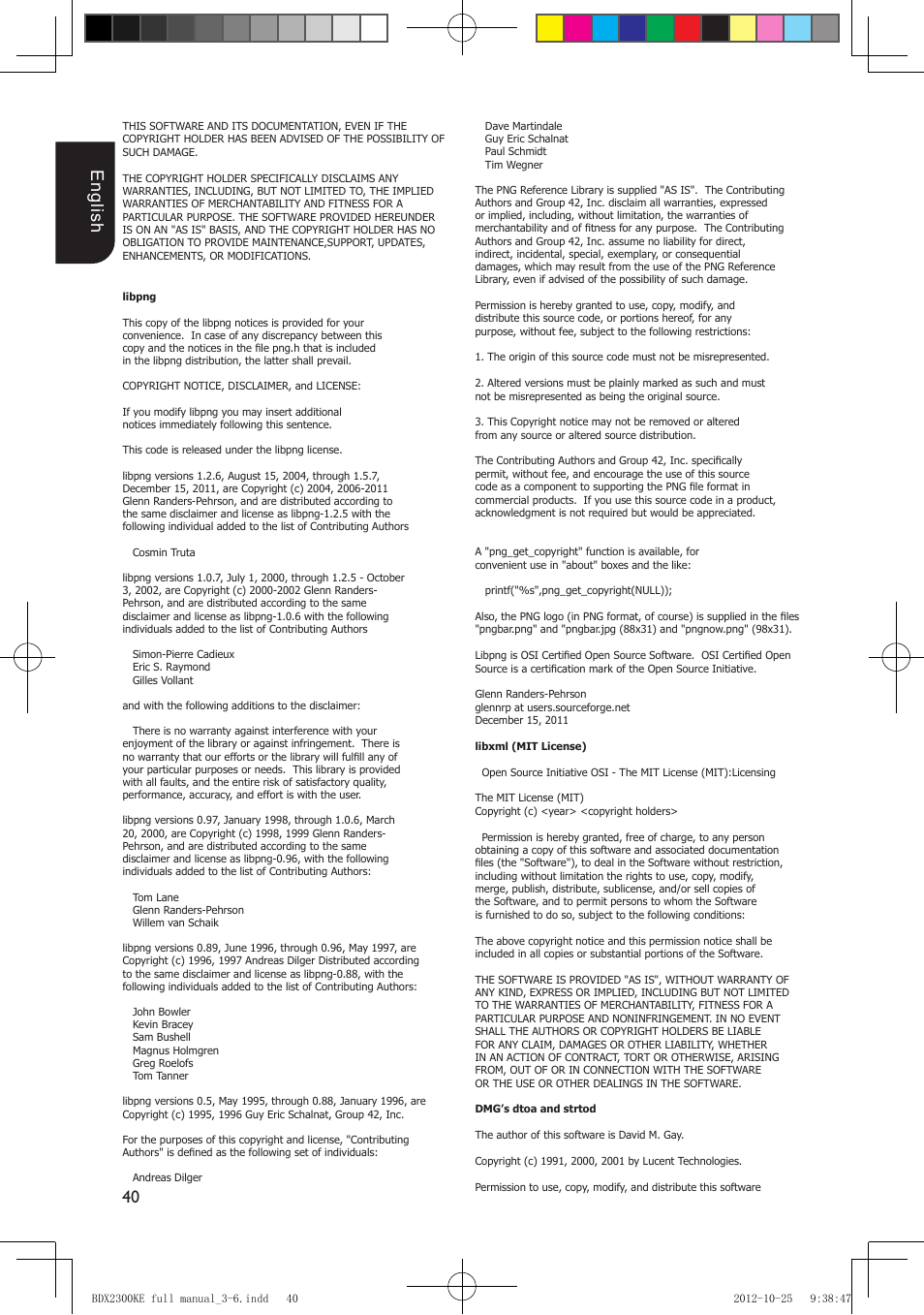 40 english | Toshiba BDX2300 User Manual | Page 40 / 41