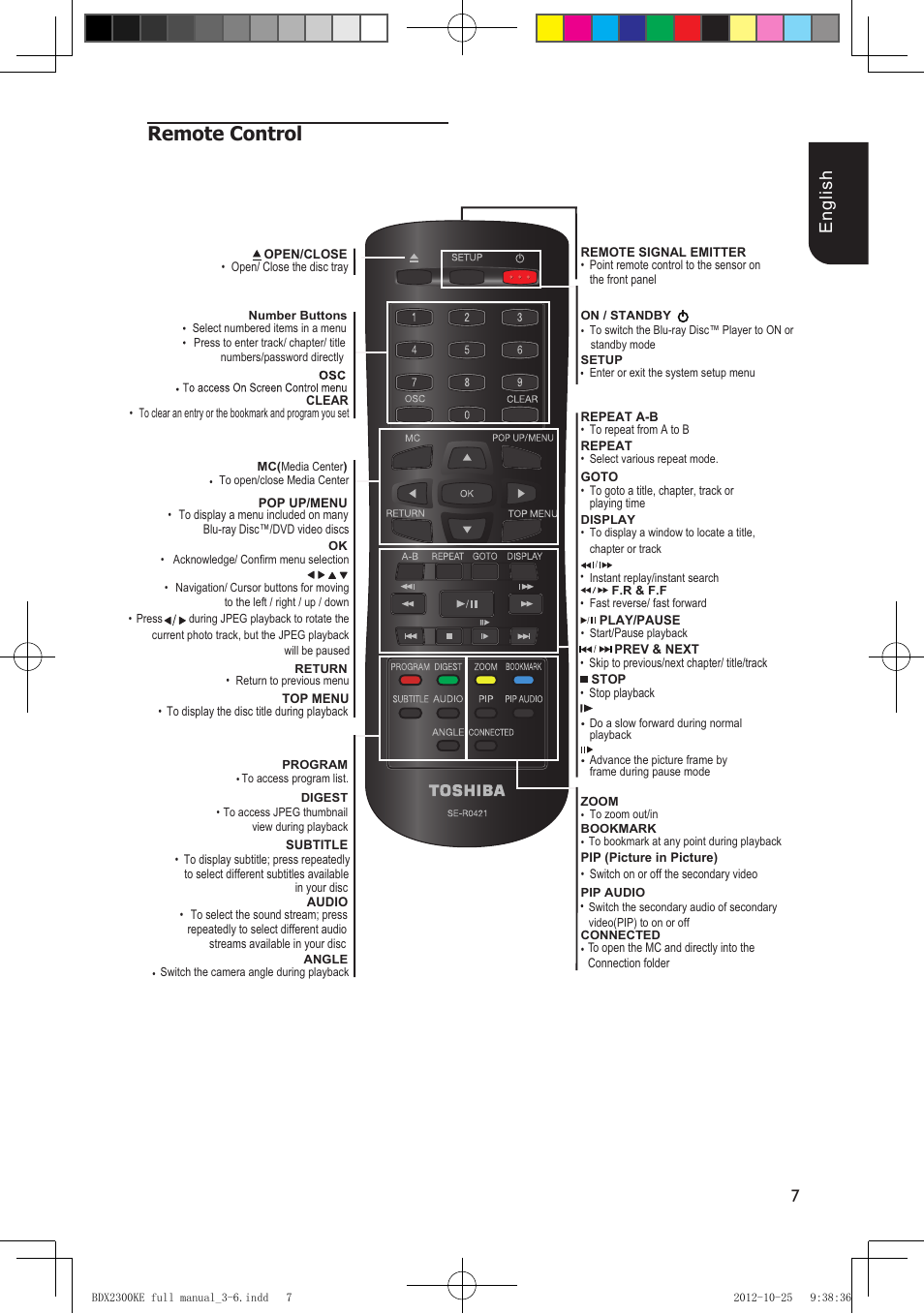 Remote control, 7english | Toshiba BDX2300 User Manual | Page 7 / 41