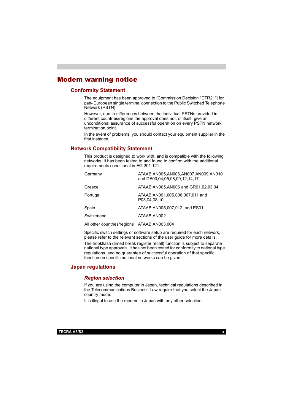 Modem warning notice | Toshiba Tecra S2 User Manual | Page 10 / 182