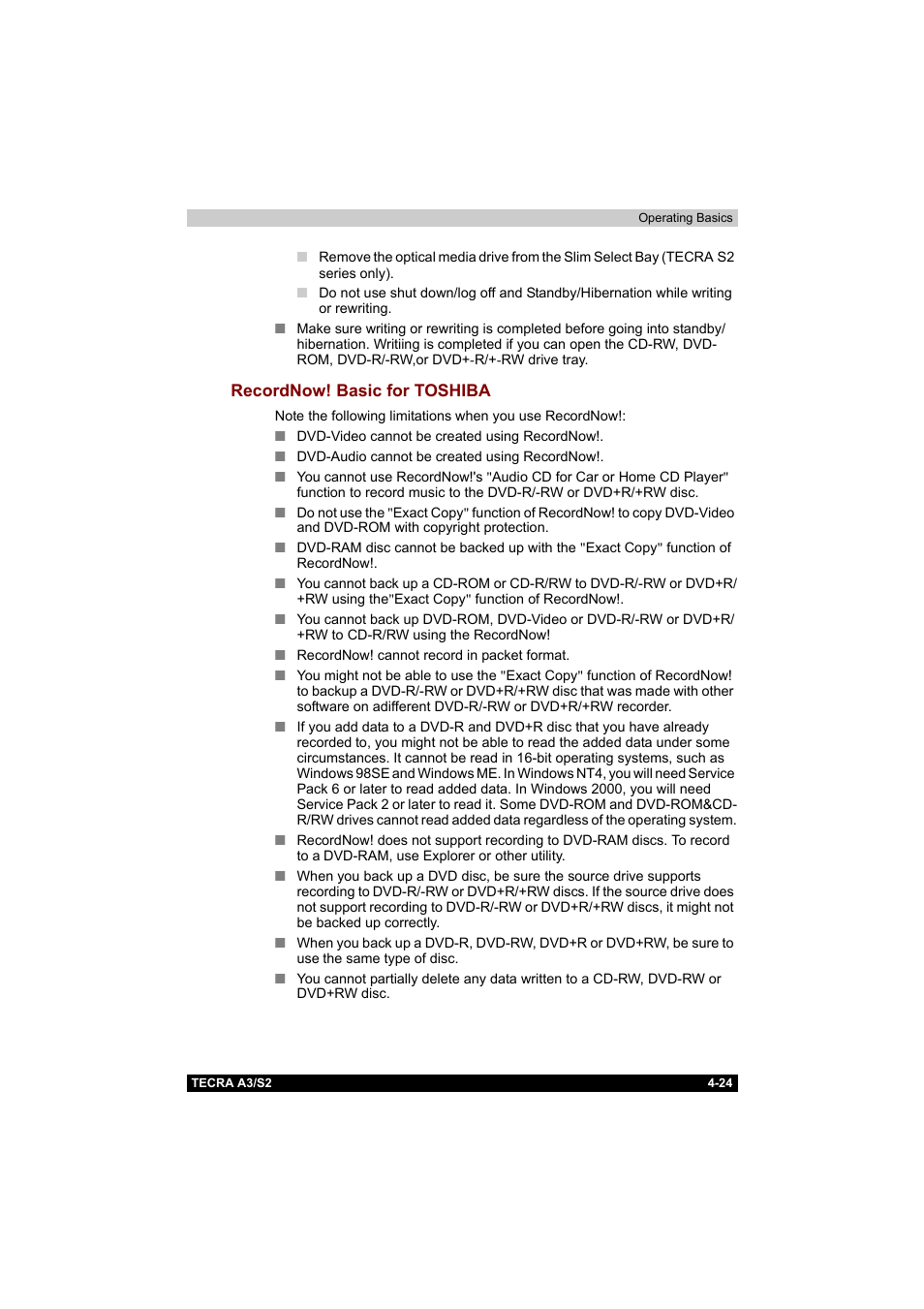 Recordnow! basic for toshiba, Recordnow! basic for toshiba -24 | Toshiba Tecra S2 User Manual | Page 103 / 182
