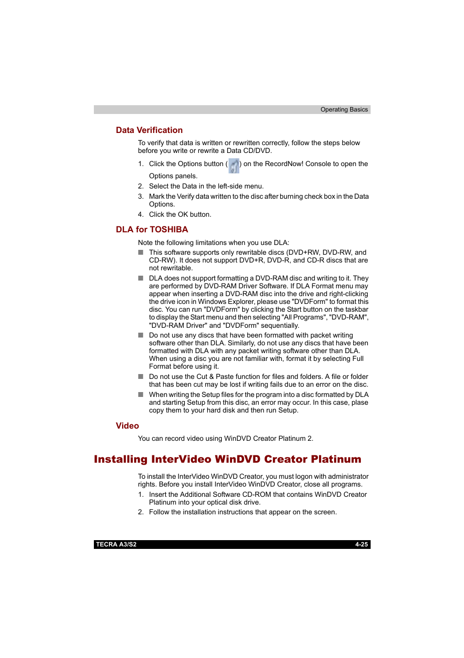 Data verification, Dla for toshiba, Video | Installing intervideo windvd creator platinum, Installing intervideo windvd creator platinum -25 | Toshiba Tecra S2 User Manual | Page 104 / 182