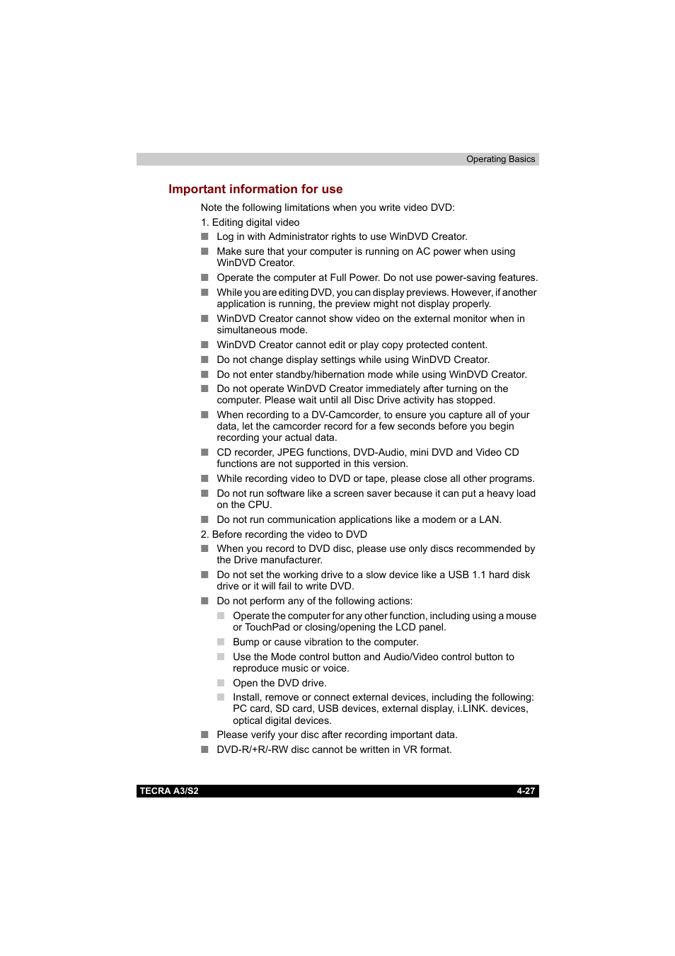 Important information for use, Important information for use -27 | Toshiba Tecra S2 User Manual | Page 106 / 182