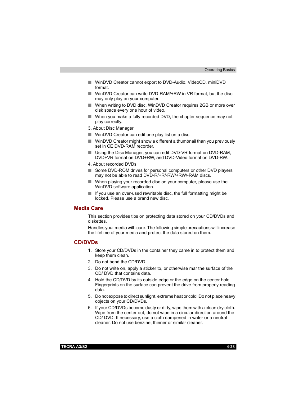 Media care, Cd/dvds, Media care -28 cd/dvds -28 | Toshiba Tecra S2 User Manual | Page 107 / 182