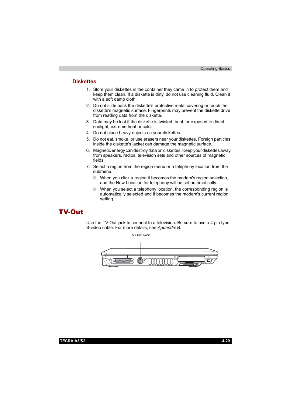 Diskettes, Tv-out, Diskettes -29 | Tv-out -29 | Toshiba Tecra S2 User Manual | Page 108 / 182