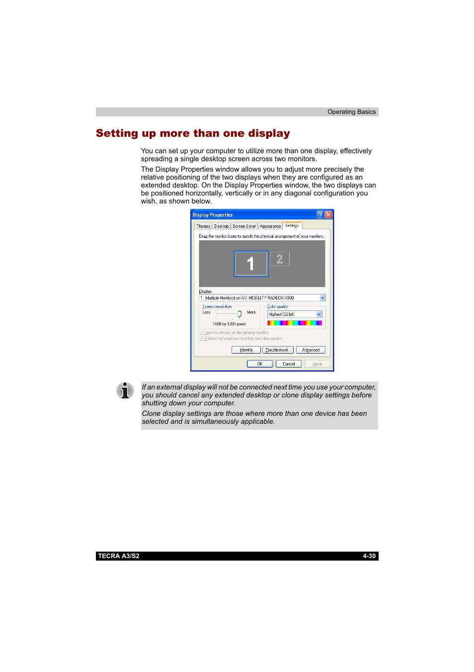 Setting up more than one display, Setting up more than one display -30 | Toshiba Tecra S2 User Manual | Page 109 / 182